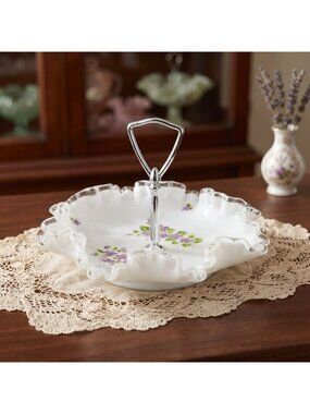 Vintage Fenton Milk Glass Hand Painted Violet Ruffled Candy Dish Tidbit Tray